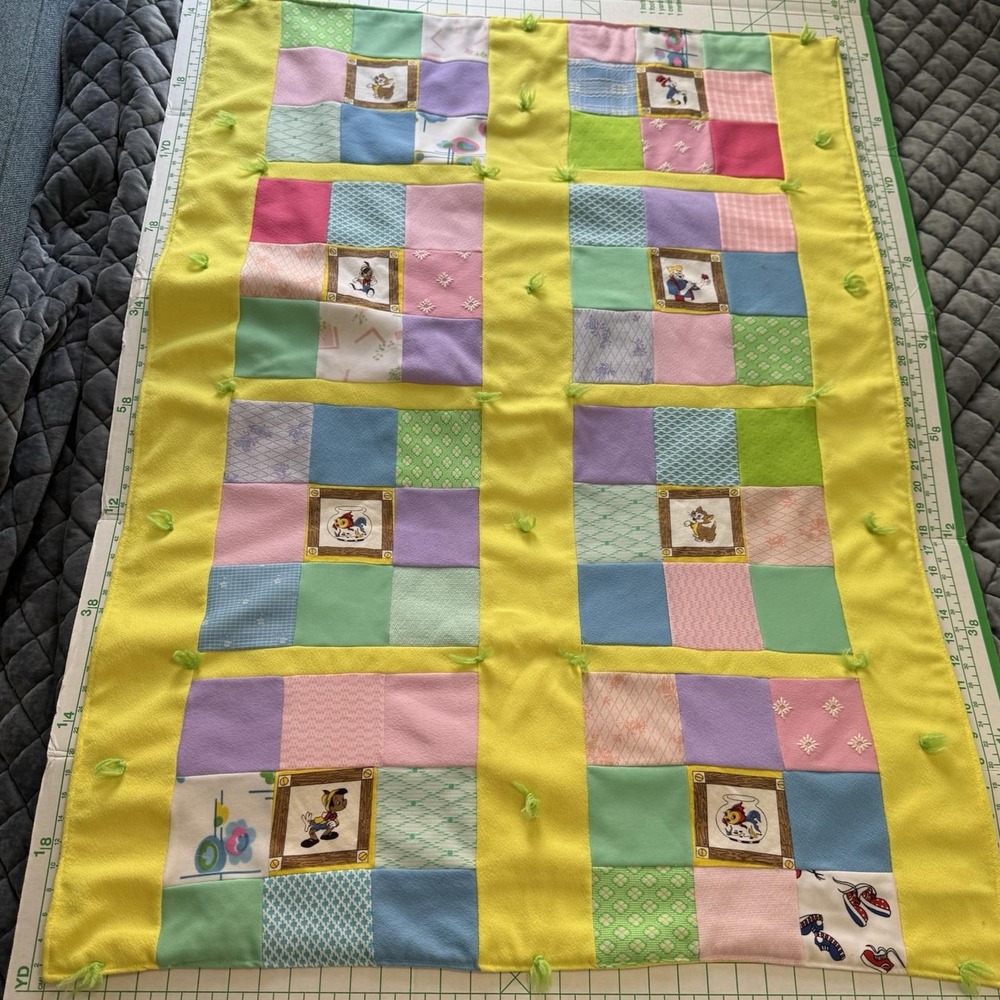Quilt Patchwork Pinocchio Characters Handmade Baby 36"x48" Yellow Pastels Disney